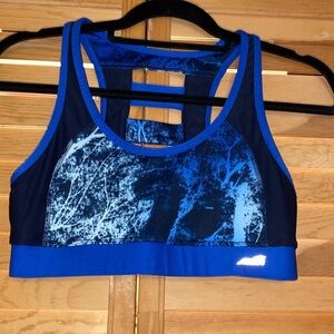 Avia Women’s Sports Bra with Dopple Dye Smokey Gray Pattern/black & Blue Size M